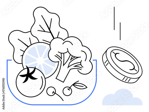 Fresh vegetables, citrus slice, and a falling coin emphasize health, budgeting, and sustainability. Ideal for concepts thumbs up diet planning, financial health, investing, wellness food economy