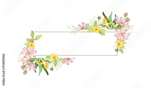 Watercolor floral frame on white background. Hand drawn summer flowers illustration for birthday, wedding, anniversary, romantic event, invitations.