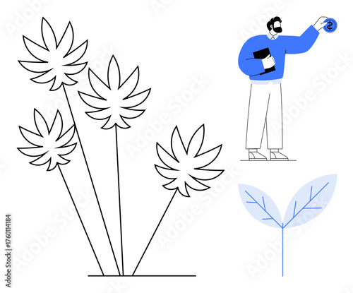 Person holding tablet and analyzing stylized plants and leaves, emphasizing growth, nature, innovation, research, sustainability, eco-study, modern technology. Ideal for science agriculture