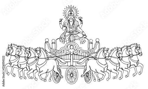 Surya the Hindu Sun God riding a magnificent chariot pulled by seven horses. Rath Yatra festival symbol. Detailed line art vector illustration.