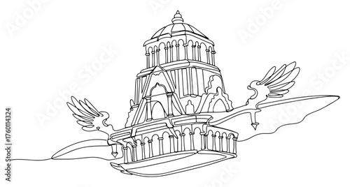 Vimana the mythical flying palace or chariot of Hindu gods carried by a mythical bird. Continuous one line drawing style. Vector illustration.