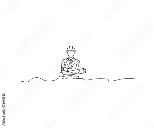 Blueprint Architect: An architect is in the field, wearing a helmet and holding a blueprint, demonstrating the planning and building process in a minimalist style.