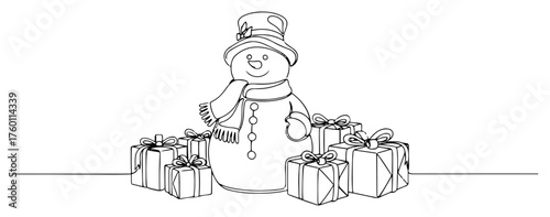 Happy Snowman with Gift Boxes Continuous Line Drawing. Vector Winter Holiday Illustration.