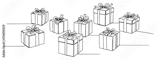 Collection of Gift Boxes Continuous Line Drawing. Vector Illustration of Holiday and Birthday Presents.
