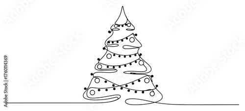 Decorated Christmas Tree with Lights. One Continuous Line Art. Vector Minimalist Holiday Illustration.
