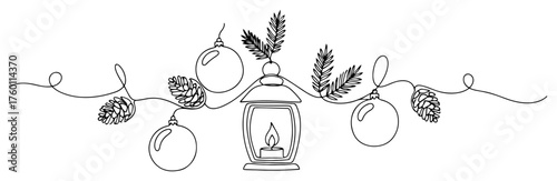 Christmas Decoration Border with Lantern and Ornaments. Continuous One Line Art. Vector Winter Holiday Garland.