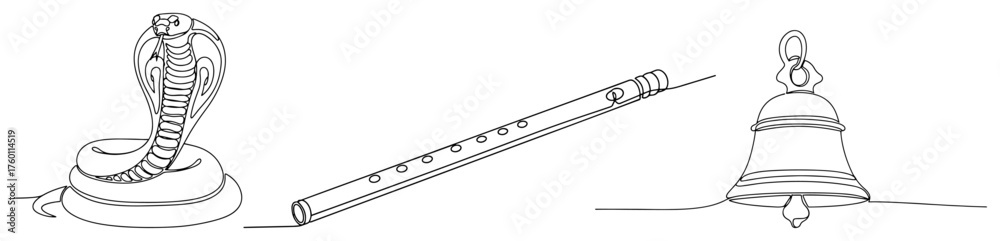 Fototapeta premium Hindu religious symbols: Cobra snake Krishna's flute and a temple bell. Continuous one line drawing style. Vector illustration set.