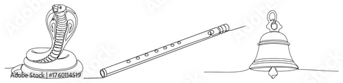 Hindu religious symbols: Cobra snake Krishna's flute and a temple bell. Continuous one line drawing style. Vector illustration set.