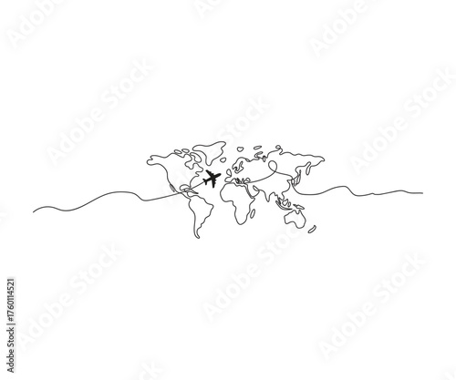 Journey of a Plane: Minimalist line art depicts a plane tracing a route across a map of the world, symbolizing travel, exploration, and the global connectivity.