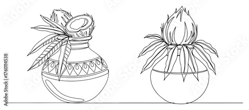 Hindu Kalash Continuous Line Drawing Set. Vector illustration of traditional pots for puja and festivals.