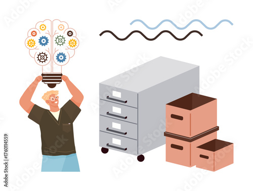 Man lifting a gear-filled light bulb, file cabinets, storage boxes, abstract waves. Ideal for innovation, creativity, problem-solving, organization data management storage simplicity. Minimal flat