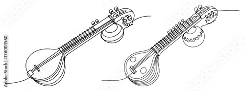 Veena Indian Musical Instrument Continuous Line Drawing. Vector illustration of a classical string instrument.