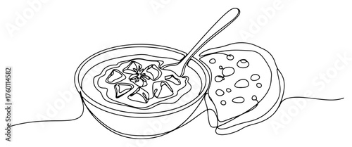 Indian Curry Bowl with Naan Bread. One Continuous Line Art Drawing. Traditional Asian Cuisine Illustration.