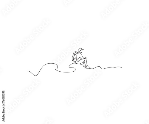 Solitary Explorer: A minimalist line drawing captures a lone adventurer perched atop a rocky outcrop, lost in thought. A backpack signifies readiness for an upcoming adventure. 