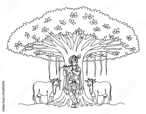 Lord Krishna playing flute under a Banyan tree with cows. Hindu God scene in a detailed line art style. Vector illustration.