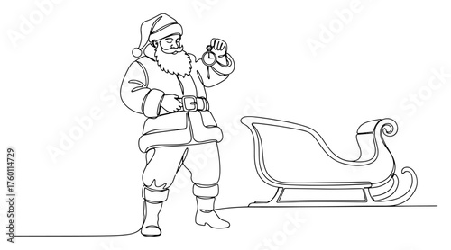 Santa Claus with Sleigh Holding a Christmas Ornament. Continuous One Line Drawing. Vector Holiday Character.
