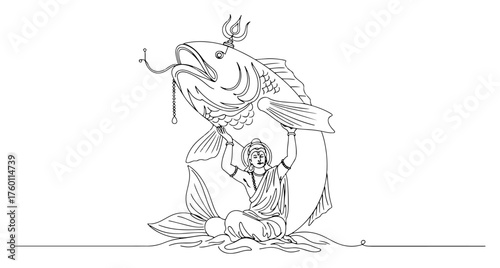 Matsya the fish avatar of Vishnu. Hindu god holding a giant sacred fish in a continuous one line drawing style. Vector mythology illustration.