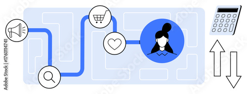 Customer profile connected by a path to icons for shopping, search, heart, and marketing, plus arrows and calculator. Ideal for UX, marketing, e-commerce, analytics customer behavior