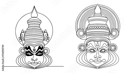Kathakali dancer masks. Traditional Indian classical dance-drama character faces in a continuous one line drawing style. Vector illustration set.