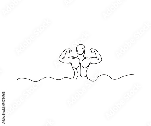 Muscular Athlete's Power: A minimalist, one-line drawing captures the essence of strength and dedication, showcasing a muscular athlete flexing, emphasizing the power. 