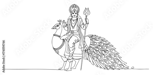 Lord Kartikeya Riding a Peacock Continuous Line Drawing. Vector Illustration of a Hindu God Murugan.