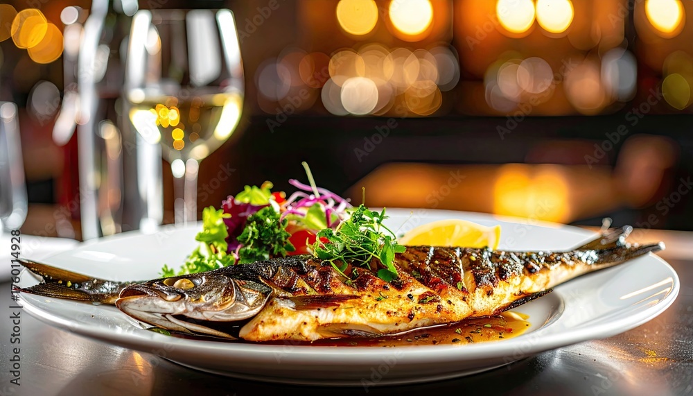 Naklejka premium Whole grilled fish dish with fresh salad garnish and lemon slice served on a white plate with a blurred restaurant background and bokeh lighting