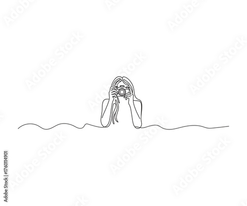 Art of Photography in One Line: An elegant line drawing captures a person engrossed in capturing a photo with their camera, showing passion of photography.
