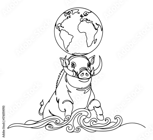 Varaha the Boar Avatar of Vishnu Rescuing the Earth. Hindu Mythology Illustration in One Continuous Line Art.