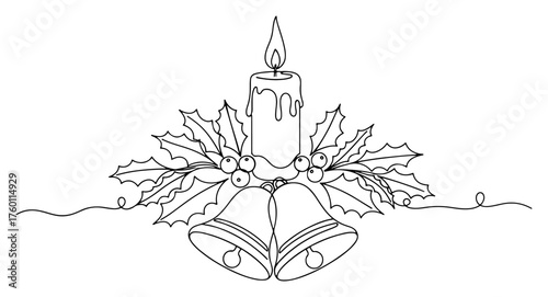 Christmas composition with a candle bells and holly. Advent decoration in a continuous one line drawing style. Vector illustration.