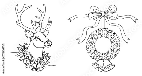Christmas decoration set: reindeer head and a holiday wreath with bells. Winter symbols in a continuous one line drawing style. Vector illustration.