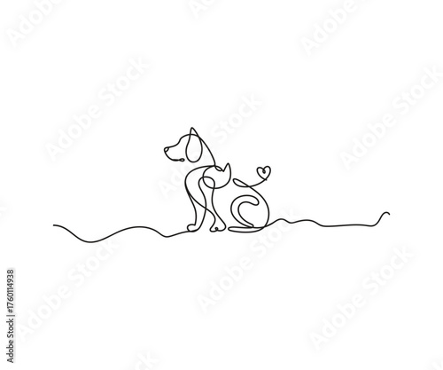 Abstract Pet Harmony: A continuous line art piece showcasing a dog and cat in a gentle embrace, embodying friendship, love, and companionship.