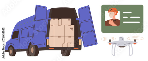 Delivery van loaded with boxes, quadcopter hovering, and ID card symbolizing modern technology in shipping. Ideal for transportation, logistics, e-commerce, courier service, innovation, identity or