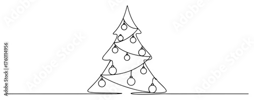 Christmas Tree Decorated with Ornaments. One Continuous Line Art. Vector Minimalist Holiday Symbol.