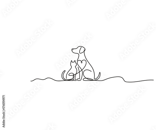 Unified Companionship: A captivating minimalist illustration of a cat and a dog side by side. Displaying the pure love between companion animals. 