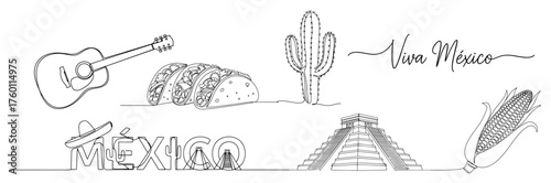 Mexican culture symbols banner. Continuous one line drawing of guitar taco cactus and pyramid for Viva Mexico celebration. Vector illustration.