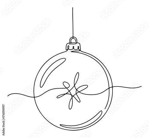 Christmas ball ornament with an abstract snowflake inside. Continuous one line drawing of a holiday decoration. Minimalist vector illustration.