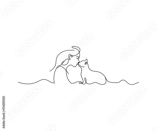 Unconditional Love: A serene moment captured in a minimalist line drawing, highlighting the gentle bond between a person and a cat, representing comfort and affection.