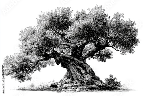A detailed grayscale drawing of an ancient, gnarled olive tree with thick, twisting branches and a massive trunk, set against a stark white background