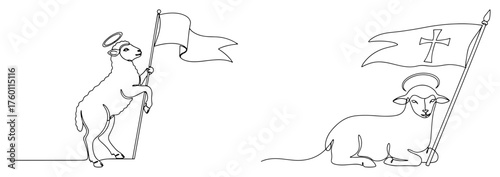 Victorious Lamb of God holding a flag. Christian symbol of the resurrection of Jesus Christ. Continuous one line drawing style. Vector illustration set.