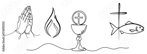 Christian Eucharist Symbols Continuous Line Drawing. Vector Set with Praying Hands Chalice Fish and Holy Spirit Flame.