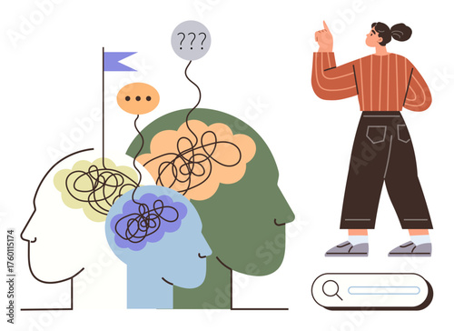 Woman pointing at human profiles with tangled and untangled brain visuals, conveying thought organization, problem-solving, and mindfulness. Ideal for creativity, psychology, mental health, guidance