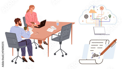Professionals discuss documents, work on laptops at a table. Includes cloud data illustration with connections, digital contract signing. Ideal for teamwork, technology, business, data sharing