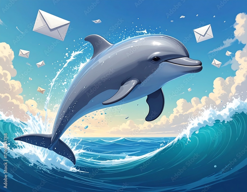 Obraz premium A playful dolphin leaps from ocean waves against a sunny sky, surrounded by floating white envelopes