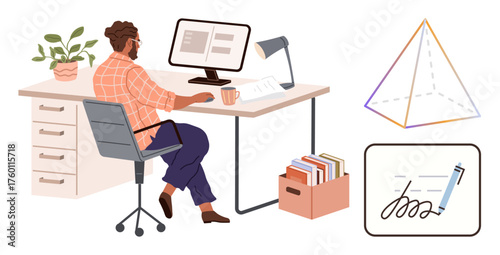 Man working at a desk with computer, papers, coffee cup, lamp, and plant. Nearby are a pyramid shape and signature graphic. Ideal for office work, productivity, analysis geometry organization