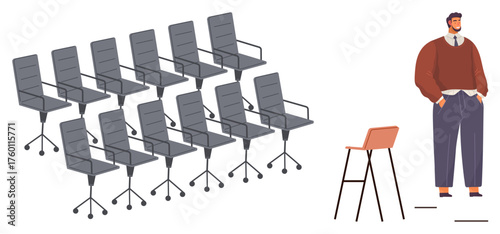 Confident person standing near distinct chair among a group of identical gray office chairs. Ideal for leadership, uniqueness, individuality, decision-making, career growth, self-expression