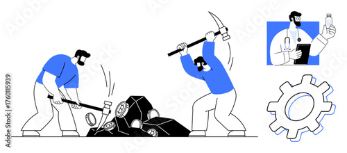 Two workers use pickaxe and hammer to mine resources, doctor advises on health, gear represents efficiency. Ideal for labor, teamwork, technology, healthcare, productivity, industrial development