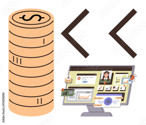 Stack of coins, arrows indicating growth or direction, and computer screen displaying educational content. Ideal for finance, education, e-learning, strategy, economy, planning and growth themes