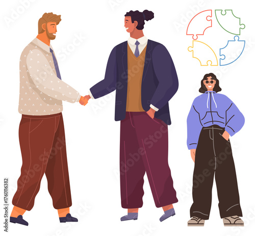 Three individuals, two in professional attire shaking hands and one in casual clothes observing. Puzzle pieces symbolize collaboration, diversity, team alignment. Ideal for teamwork, inclusivity