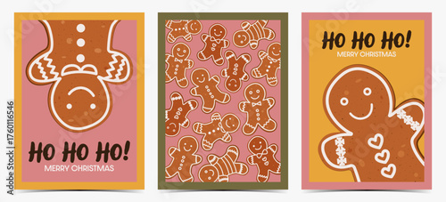 Merry Christmas, happy new year cute greeting card, poster, template, label set with adorable gingerbread cookies on pink and yellow background, vector illustration