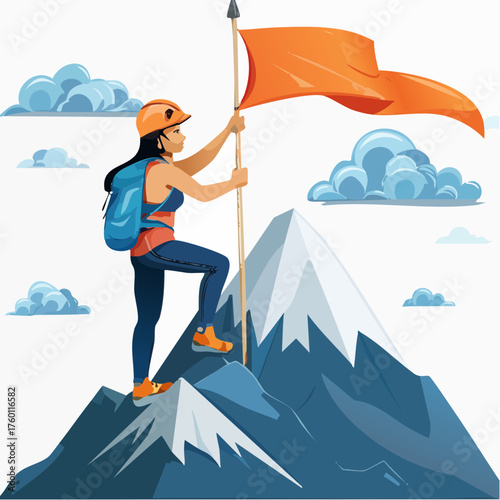 Triumphant Climber Reaching Mountain Summit